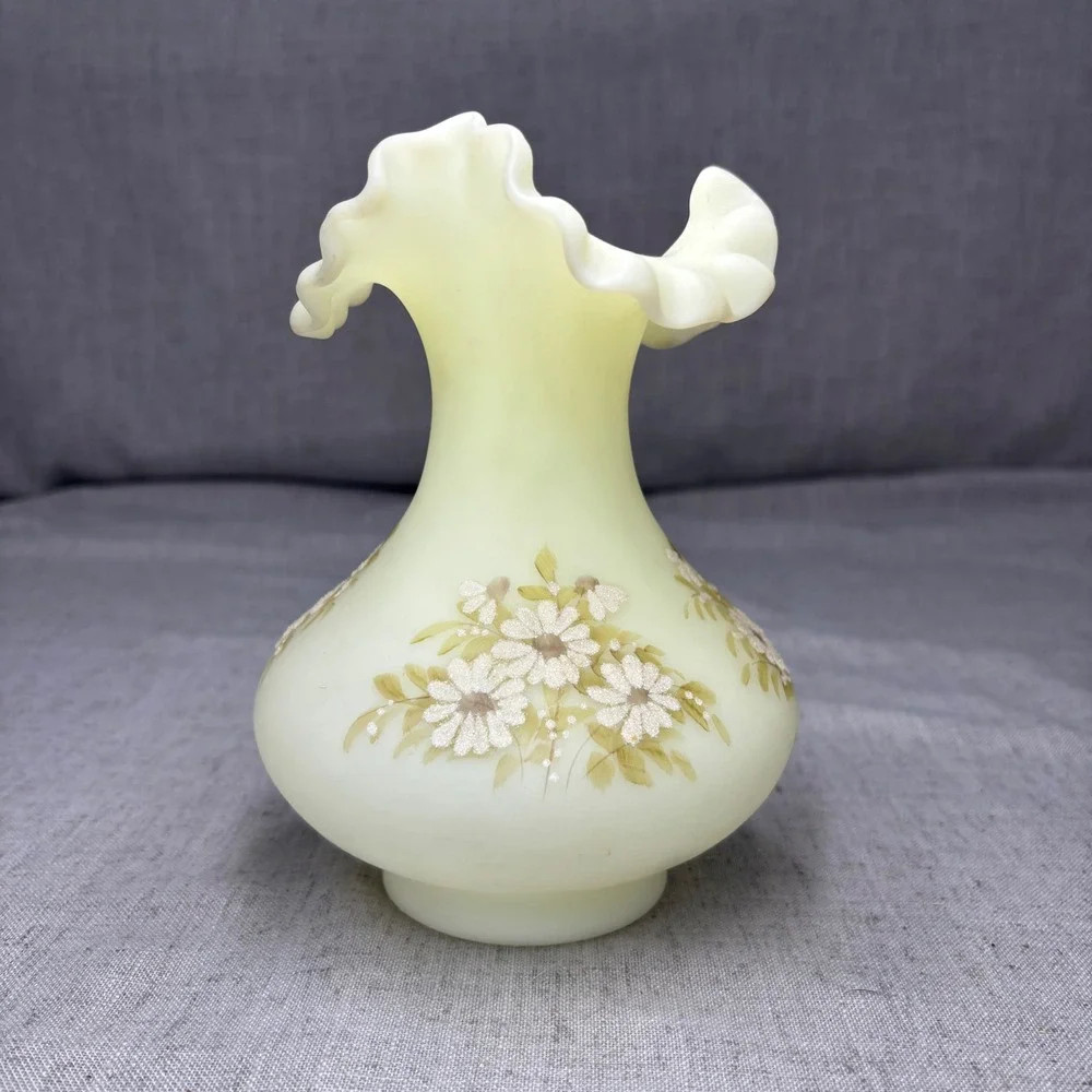 Vintage Fenton Custard Glass Uranium Vase Hand Painted Daisy Ruffled Edge Signed